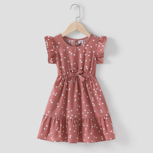 Pink Cross Wrap V-Neck Flutter-Sleeve Dress with Polka Dots