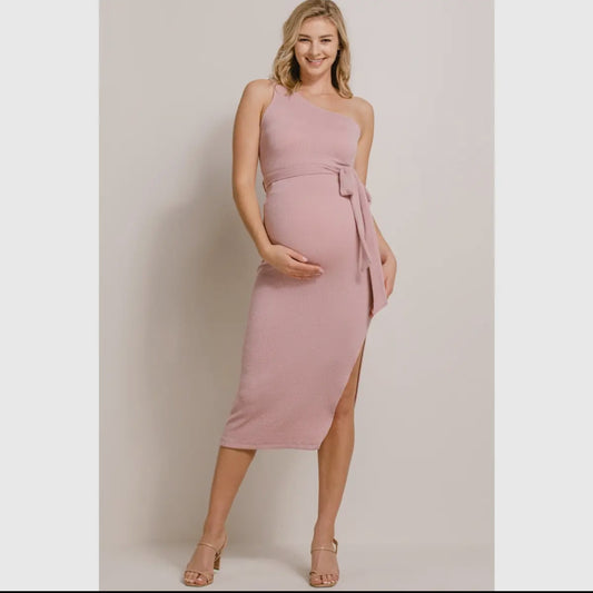 One-Shoulder Ribbed Maternity Side Slit Midi Dress