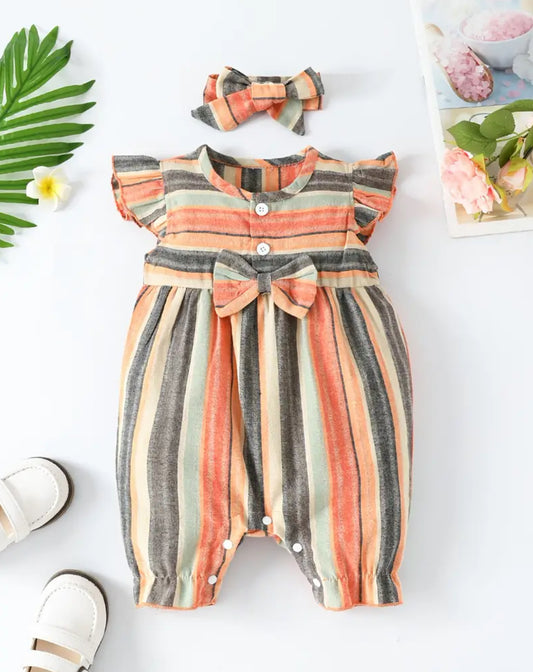 Striped and Ruffled Romper with Bow