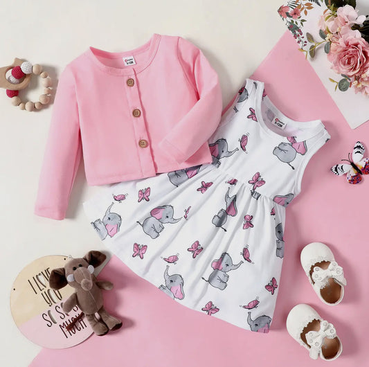 2pc Elephant and Butterfly Print Dress & Pink Cardigan Set