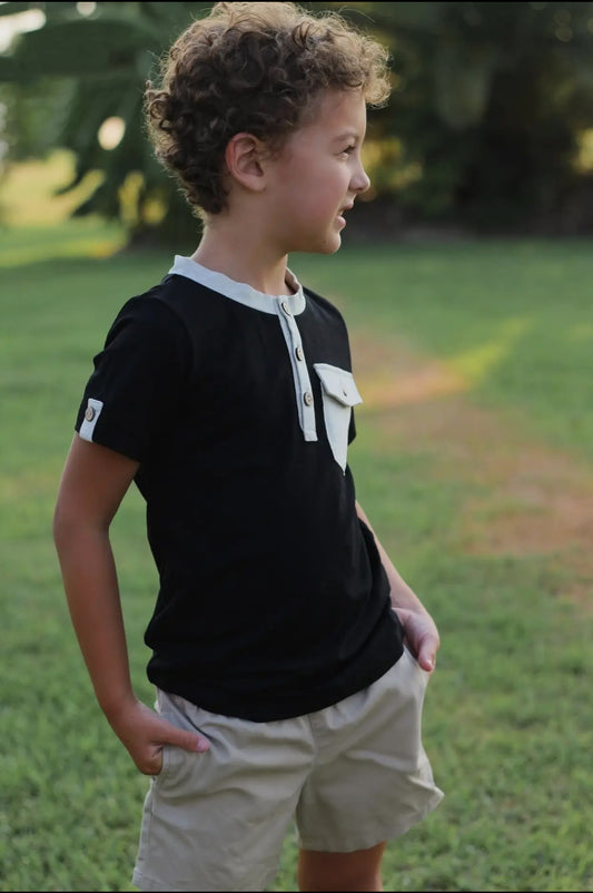 Boys Black Short Sleeved Henley Tee w/ Pocket and Buttons