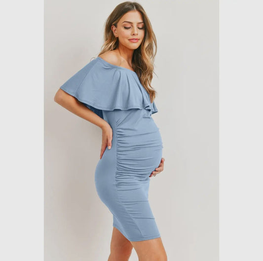 Mini-Ruffle Off-The-Shoulder Ruched Maternity Dress